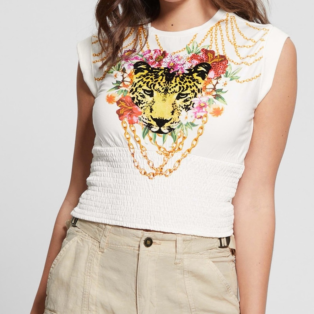 NWT Guess Women's Leopard-Chain Smocked T-Shirt